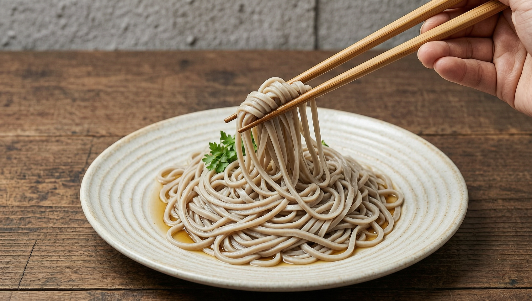一盤涼蕎麥麵與沾醬