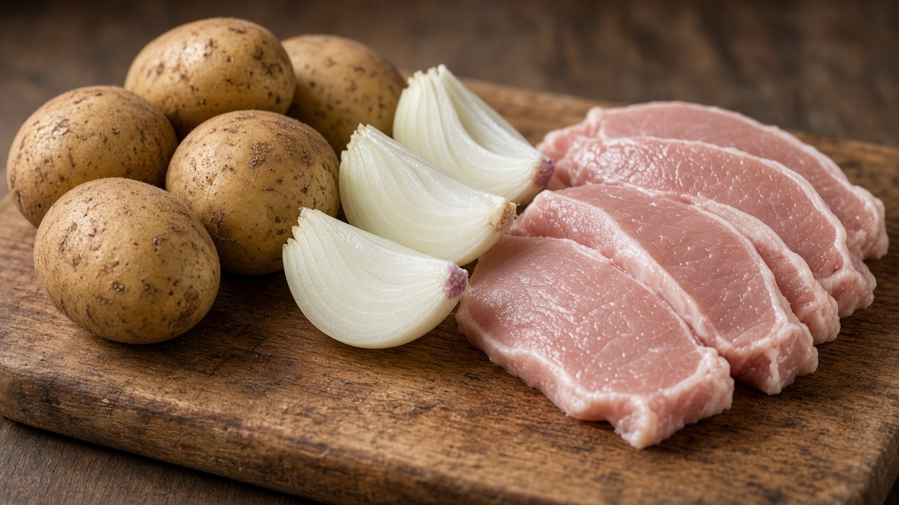 生馬鈴薯、洋蔥與豬肉片