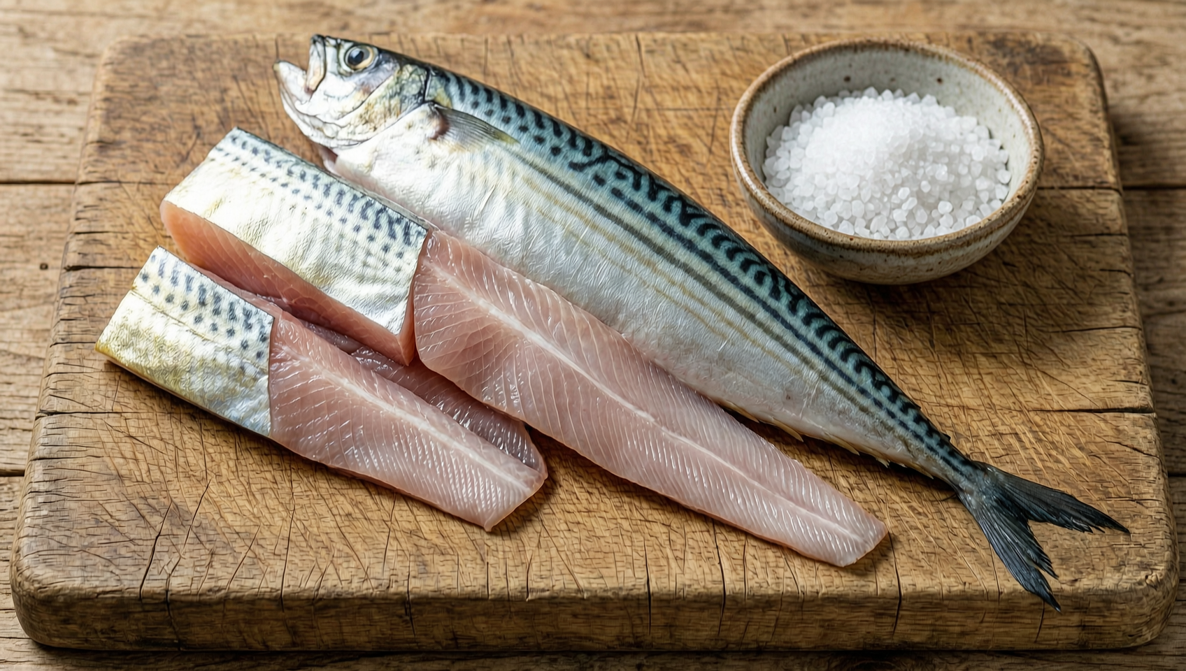 生鯖魚片與一小碟鹽