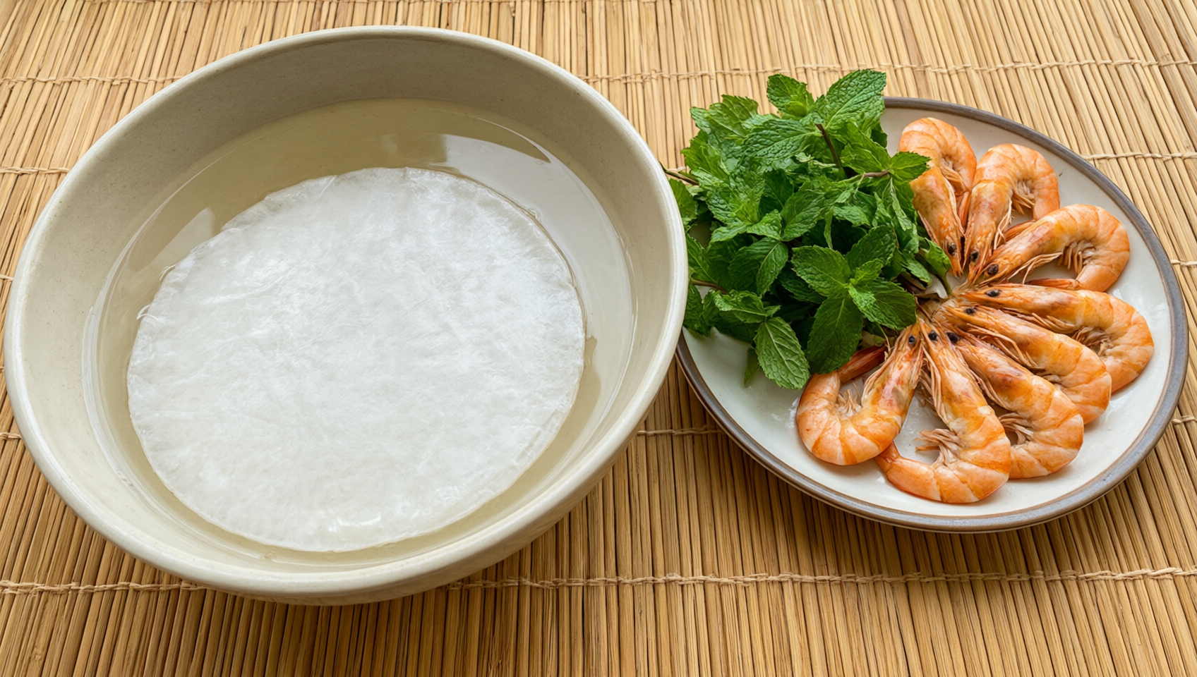 溫水浸泡米紙與新鮮香草