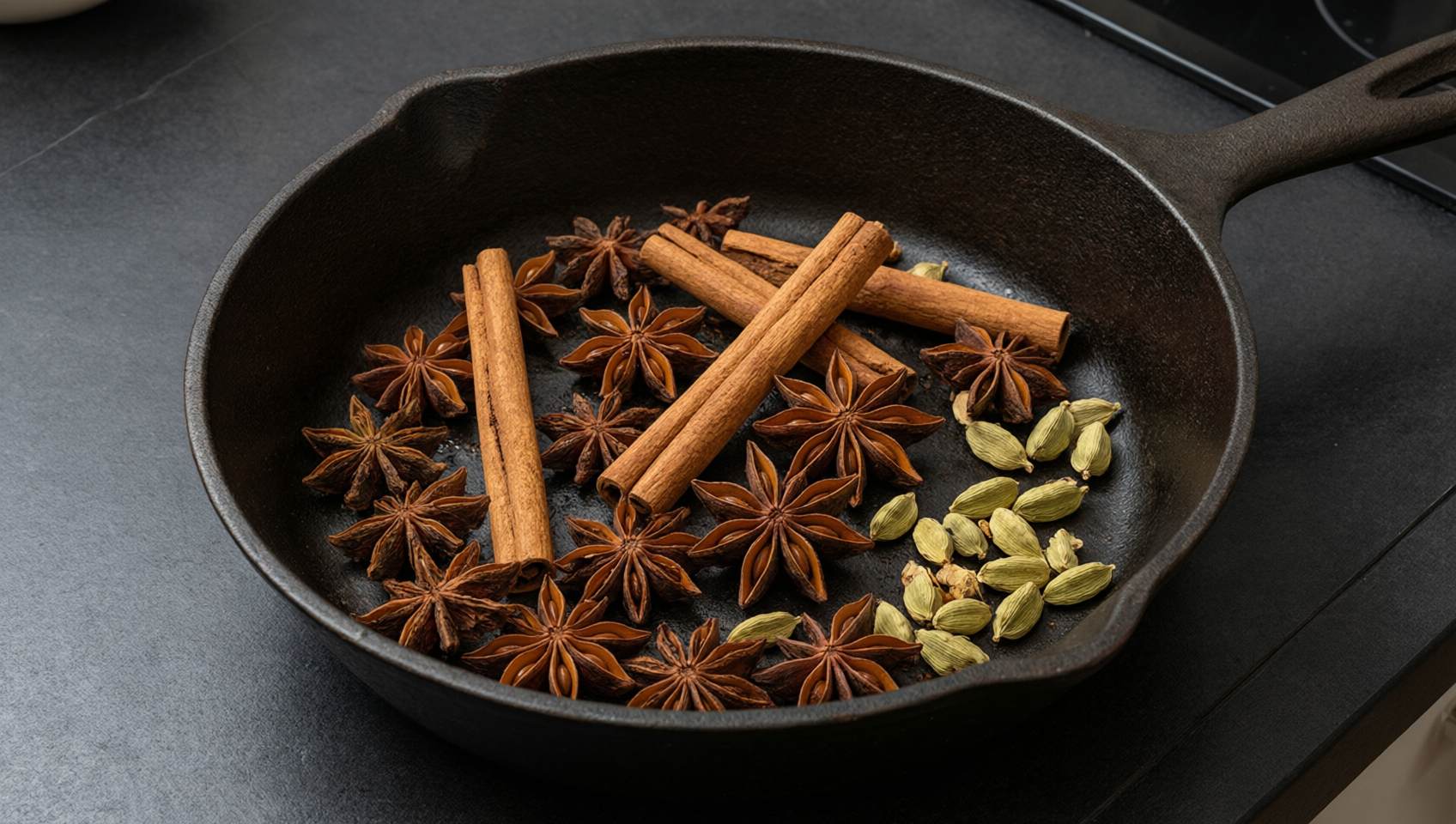 乾鍋烘烤中的八角、桂皮與小荳蔻