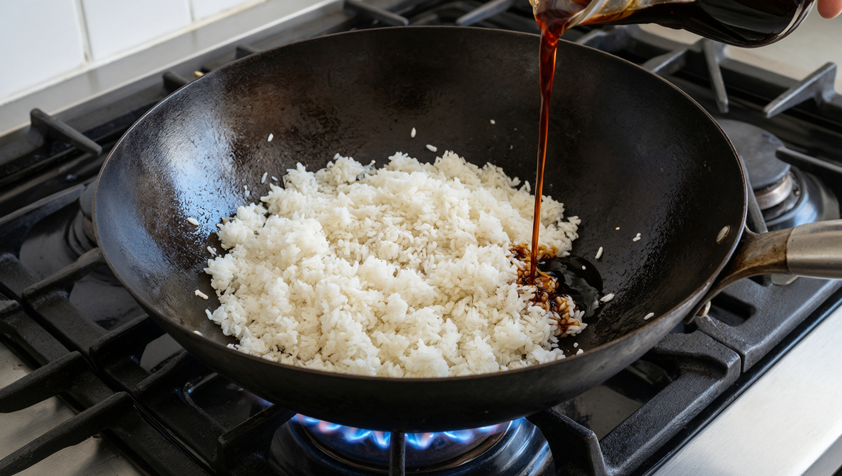 碳鋼鍋中大火翻炒隔夜飯與淋入甜醬油