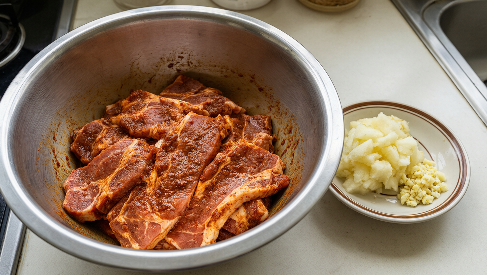 生肉片浸泡紅棕色醃料與水梨泥備料