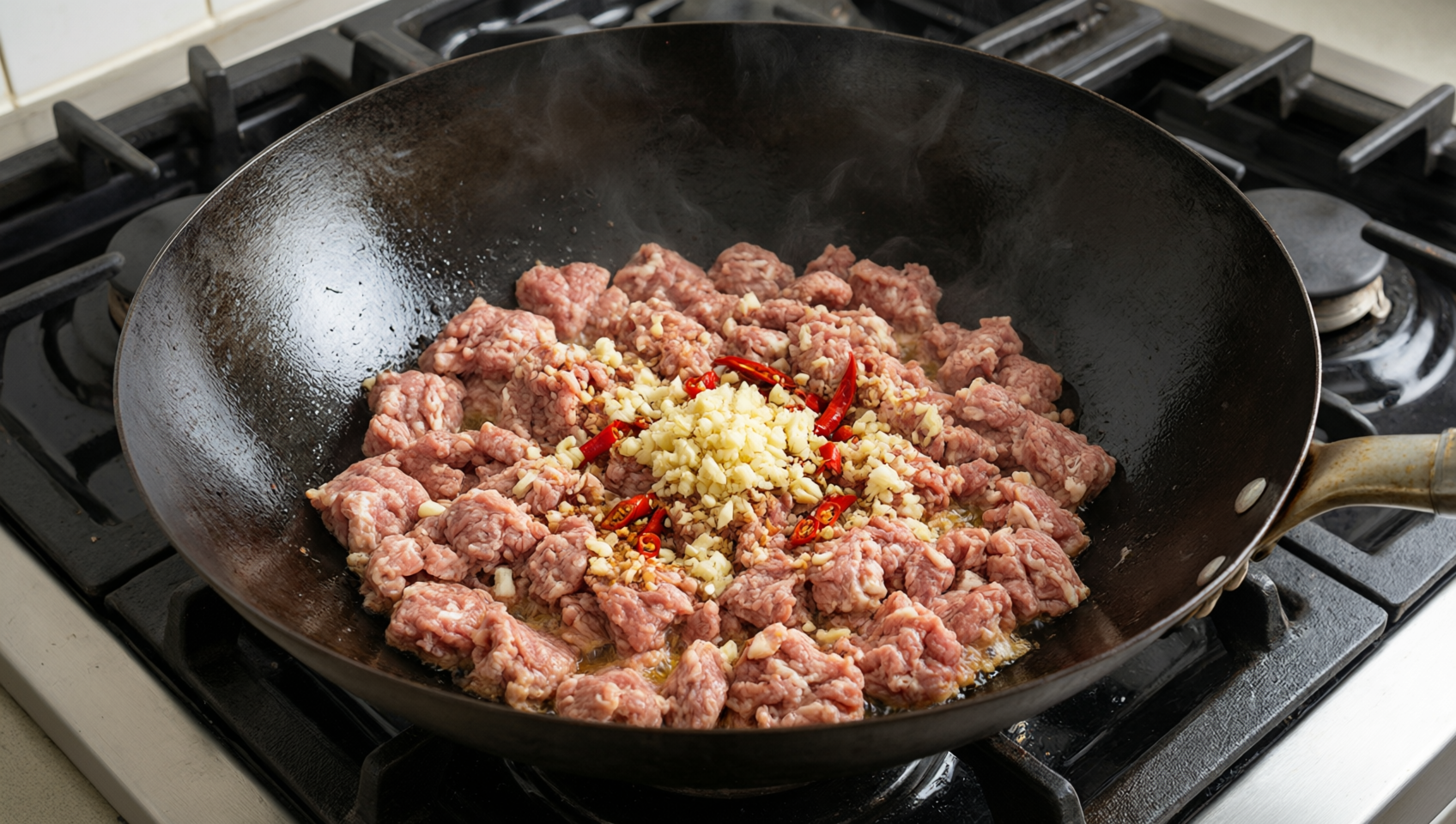 碳鋼鍋中煸炒豬絞肉蒜末與辣椒